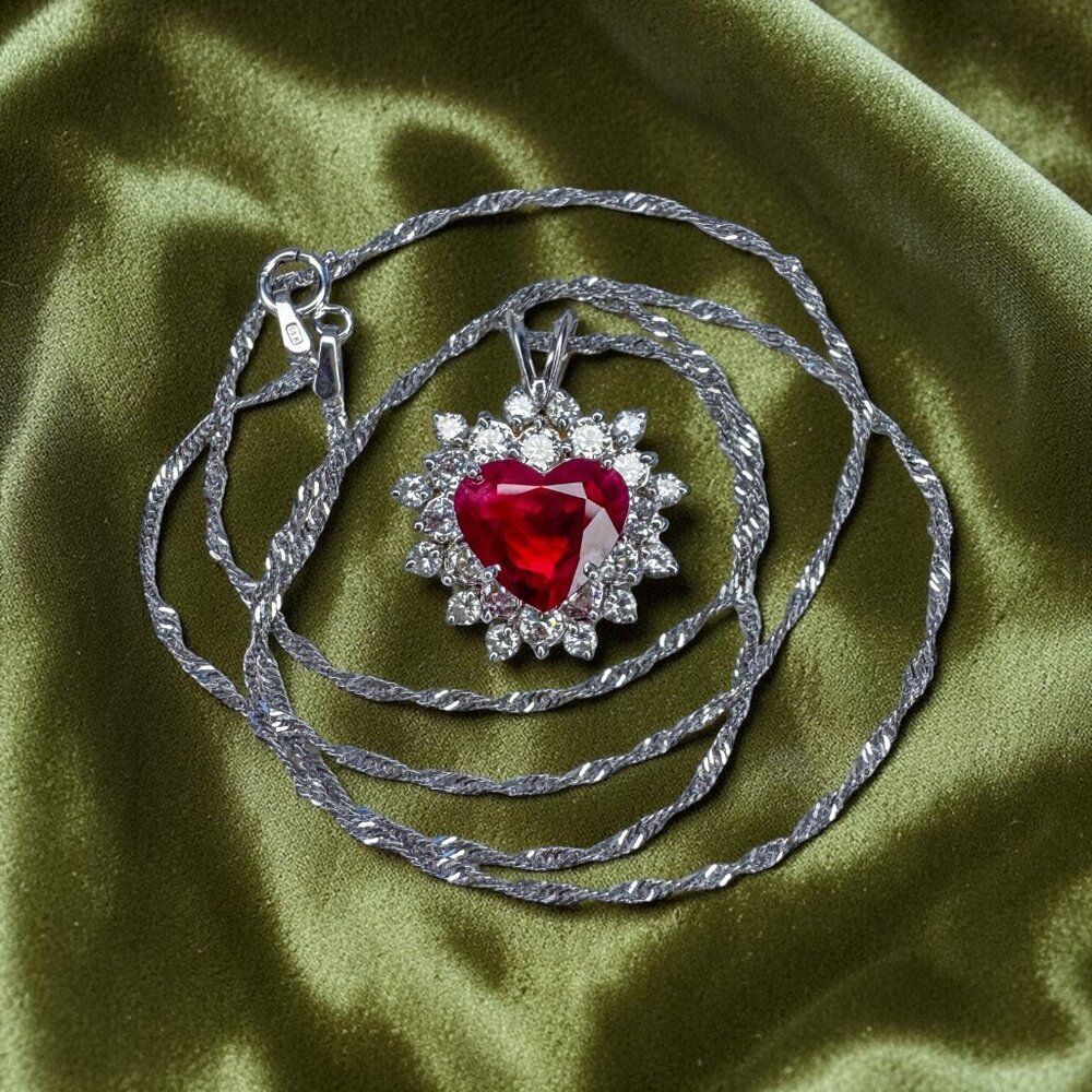 14K White Gold- Natural Ruby & Diamond Necklace -18"- 4.5cttw -Halo Heart -4.9g - Picture 4 of 16